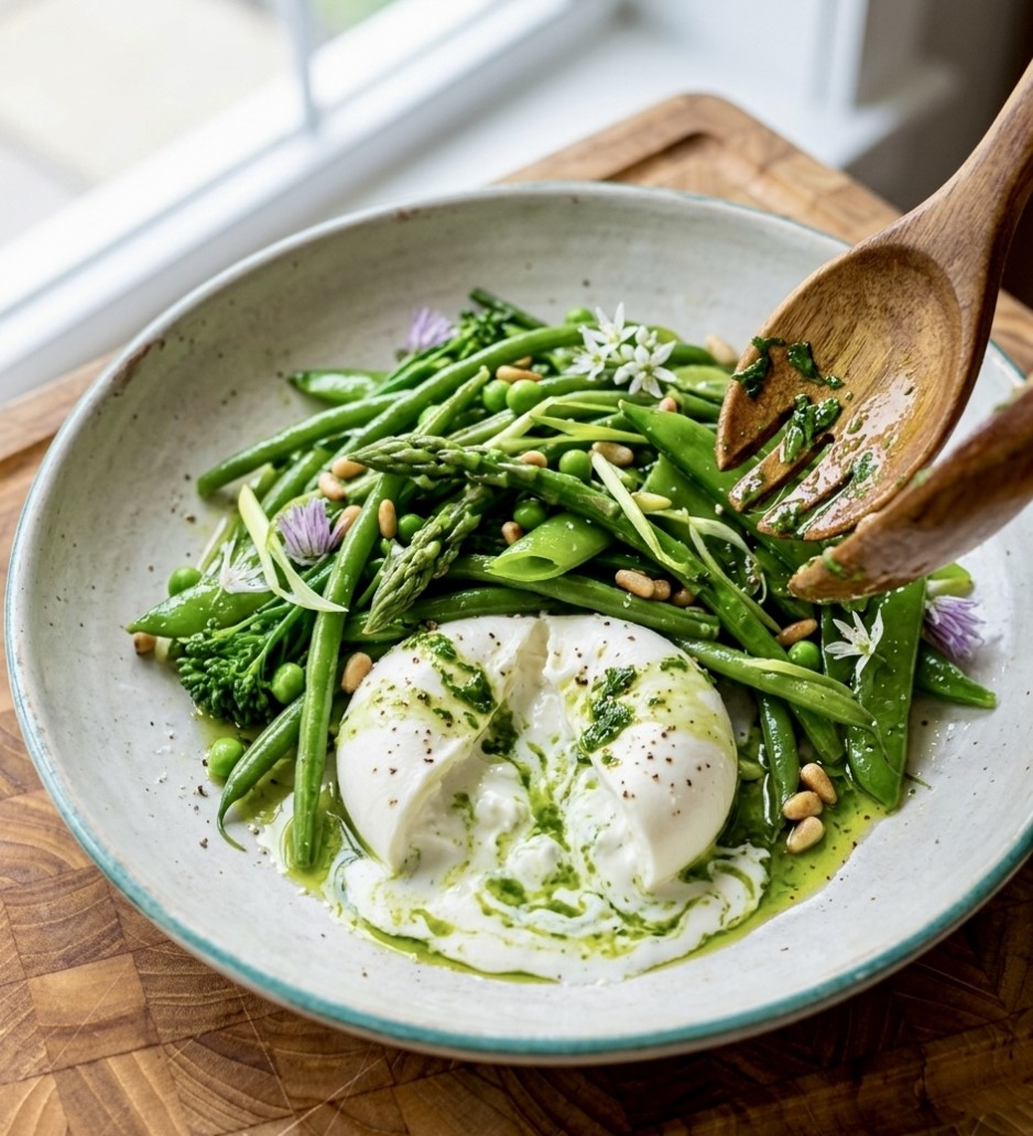 Salade verte aux légumes printaniers, vinaigrette aux herbes infusées & burrata coulante